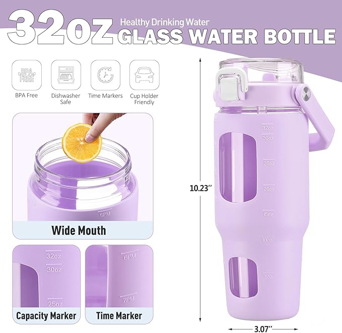 BLUEGO 32oz Glass Tumbler with Lid and Handle, Iced Coffee Cup with Straws, Glass Water Bottle with Silicone Sleeve and Volume, Marker Glass Cup with Time Marking, BPA Free, Purple