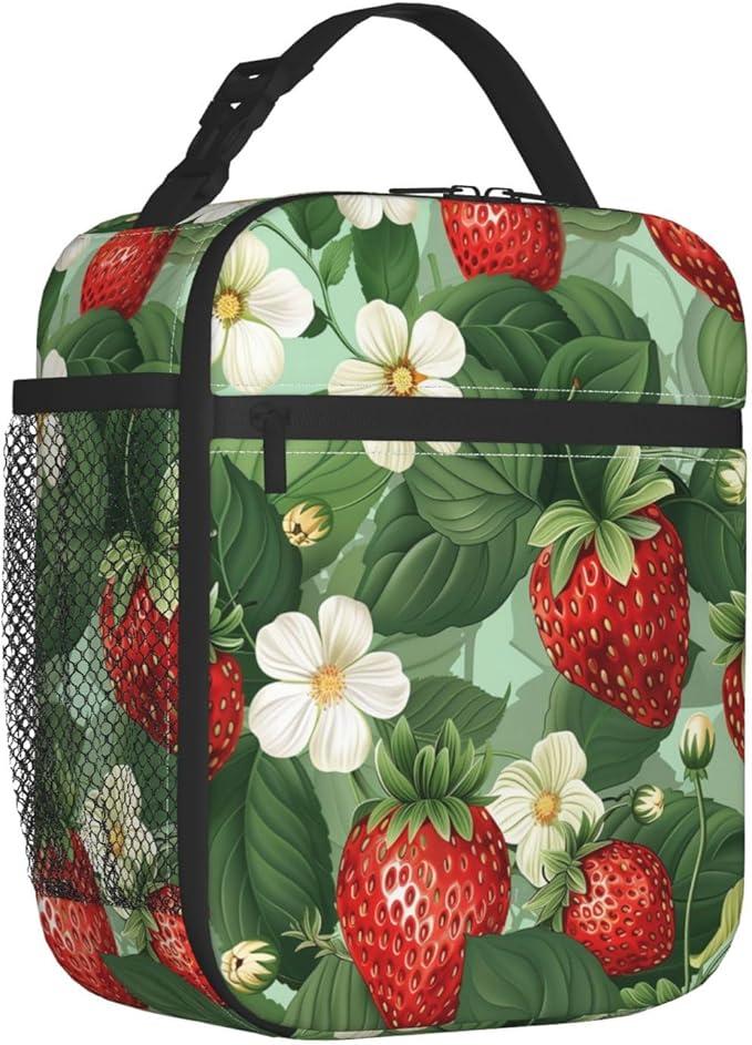 Fresh Strawberry Pattern Insulated Lunch Box Gifts for Girls Women Kids Adults Red Berry Fruit Design Reusable Portable Lunchbox Cooler Lunchbag for Work Picnic School Travel or Hiking
