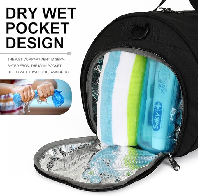 INOXTO Small Sports Gym Bag，Travel Duffel Bag with Dry Wet Pocket and Shoes Compartment for Women and Men，35L Waterproof Weekender Fitness bag For Swim Sports Travel Working Out (black)