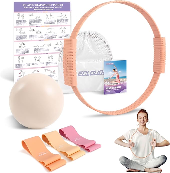 Pilates Essentials Kit for Women, 13.5" Pilates Ring and Ball Set with Resistance Bands for Home Workouts, Portable Pilates Kit with Bag & Training Poster for Full Body Exercise