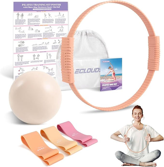 Pilates Essentials Kit for Women, 13.5" Pilates Ring and Ball Set with Resistance Bands for Home Workouts, Portable Pilates Kit with Bag & Training Poster for Full Body Exercise