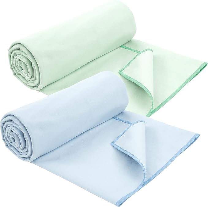 S&T INC. Yoga Mat Towel, Quick Dry Towel, Soft and Absorbent for Gym, Pilates, and Hot Yoga Mat, 2 Pack, 26.5 inches x 72 inches, Microfiber, Blue & Sage Green
