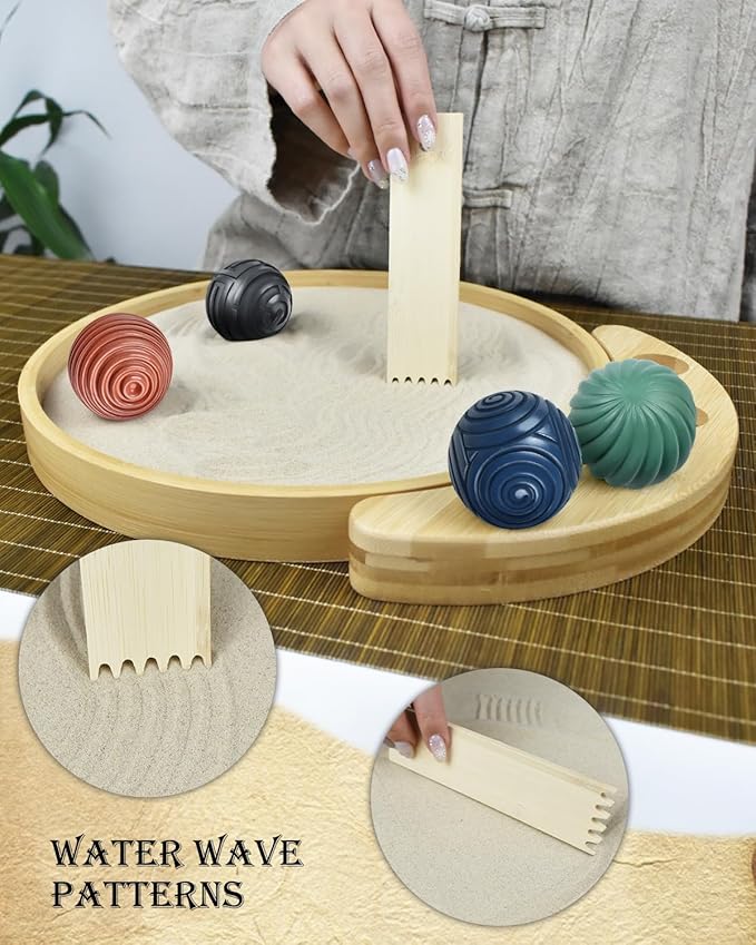 Artcome Jpanese Mini Zen Garden Kit for Desk - Bamboo Sand Tray with 4 Unique Zen Balls & Rake Tools - Relaxation and Meditation Sand Garden for Office, Home & Mindfulness Therapy - Ideal for Gift