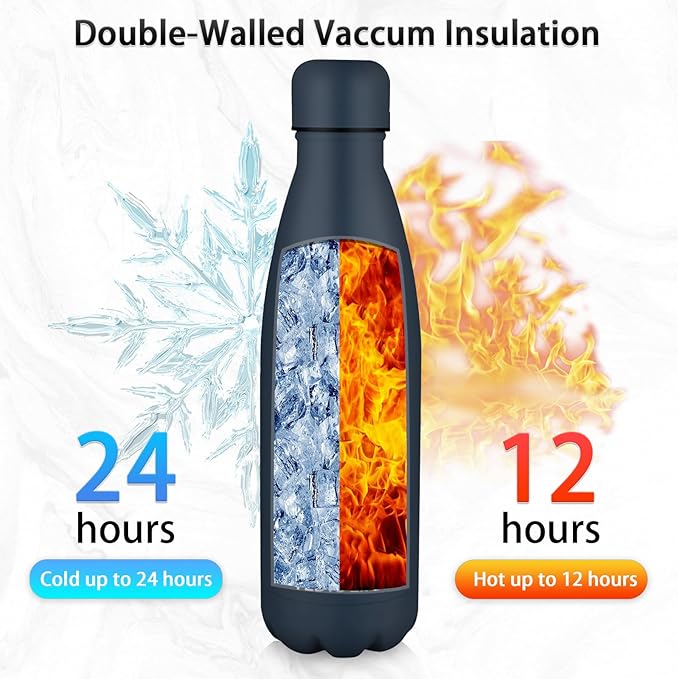 Insulated Water Bottle, 17oz Stainless Steel Water Bottles with straw lid, Metal Sports Water Bottles for Boys,Girls, Double Wall Vacuum BPA-Free Flask for School, Sports (Dark blue)