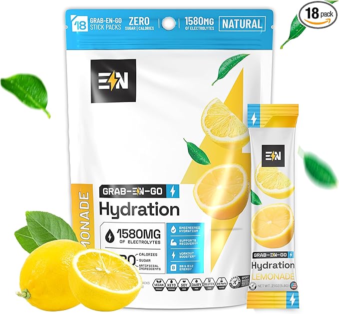 EN, Sugar-Free Electrolytes Powder Packets – Keto Electrolytes Hydration Packets, Single-Serving Electrolytes, Zero Calories, Vegan, Non-GMO, Organic, Gluten-Free, Lemonade 18 CT