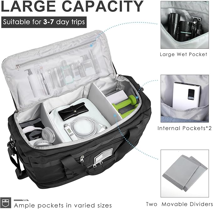 ETRONIK Travel Bag for Men Women, Gym Bag & Tactical Duffle Bags for Travel, Carry on with Toiletry Bag and Shoe Compartment, Weekender Overnight Trip with Wet Pocket for Workout Medical, Black