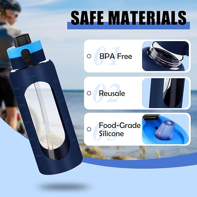 ANOTION 40OZ Glass Water Bottle, Large Sports Water Bottle with Dual-Drink Lid Clear Leakproof Glass Bottles with Straw, Motivational Jug with Silicone Sleeve and Time Marker for Travel Gym-Blue