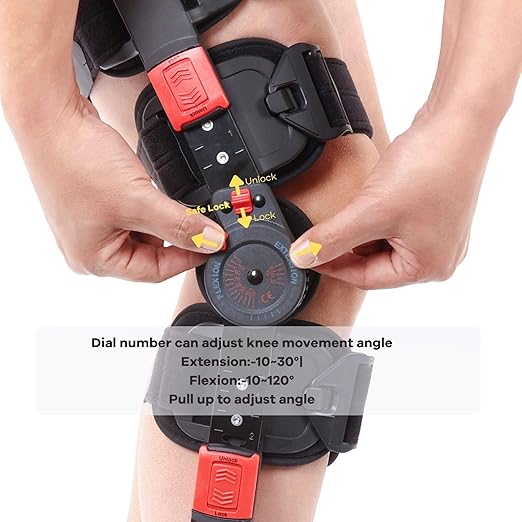 Hinged ROM Knee Brace with Shoulder Strap Post Op Knee Immobilizer Adjustable Knee Support with Side Stabilizers Medical Knee Orthopedic Support for Men and Women, Left or Right Leg (Red)