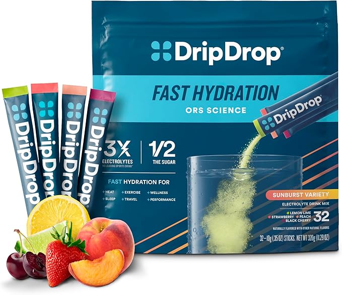 DripDrop Hydration Packets - Sunburst Variety Pack - Single Serve Electrolytes Powder Drink Mix - Lemon Lime, Strawberry, Peach, Black Cherry - Non-GMO, Gluten Free, Vegan - 32 Sticks