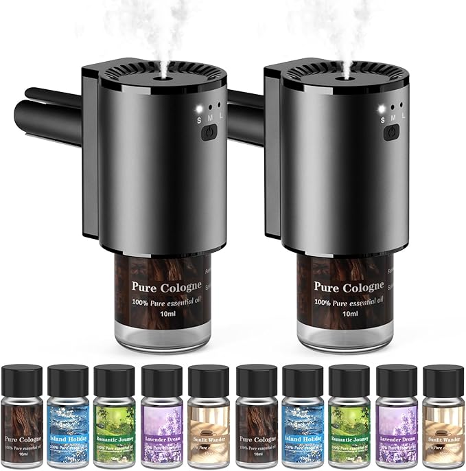 Car Air Freshener, Smart Car Air Freshener, Diffuser Suitable for Vent Clips, Auto On/Off, Three Adjustable Modes, 5 Scents, 10 Refill Bottles (2Pack)