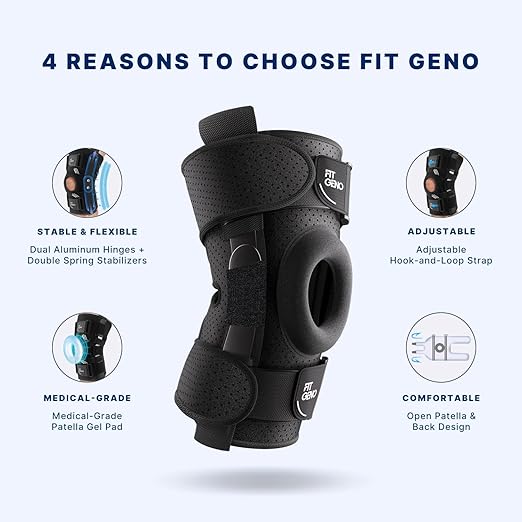 Fit Geno Hinged Knee Brace for Meniscus Tear: Adjustable Knee Support for Knee Pain w/Side Stabilizers & Hinges for Injury or Surgery Recovery - Men and Women