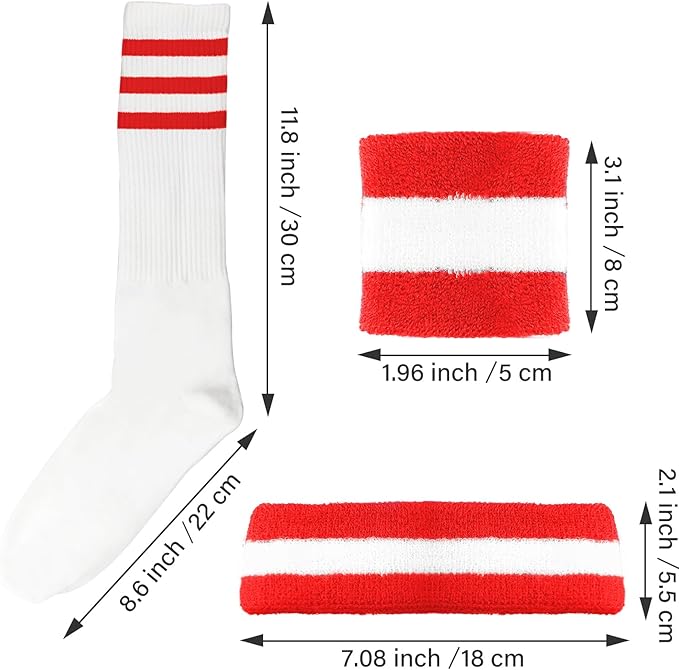 10 Pieces Striped Sweatbands and Striped Socks Set Headbands Wrist Sweat Bands for Men and Women Sports 80s 90s Fitness
