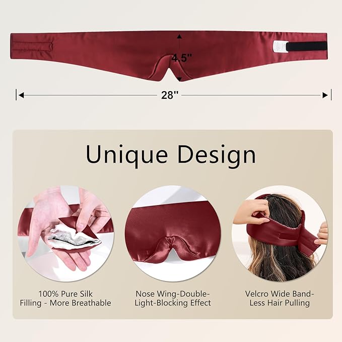 ZIMASILK 100% 22 Momme Mulberry Silk Sleep Mask - Full Silk Filled, Ultra-Soft & Breathable, Face-Hugging Blackout Eye Cover for Sleeping (Burgundy)