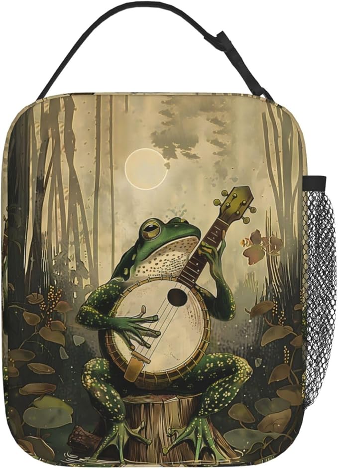 Frog Polyester Lunch Box for Kids Teen,Forest Banjo Reusable Thermal Lunch Bag for Adult Women,Animal Insulated Tote Cooler Bags for School,Work,Picnic,Travel,Enchanting Woodland Theme
