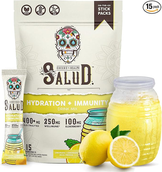 Salud 2-in-1 Hydration Packets + Immunity Electrolytes Powder, Lemonade - Agua Fresca Drink Mix, Elderberry, Dairy & Soy Free, Non-GMO, Gluten Free, Vegan, Low Calorie, 1g Sugar (15 Servings)