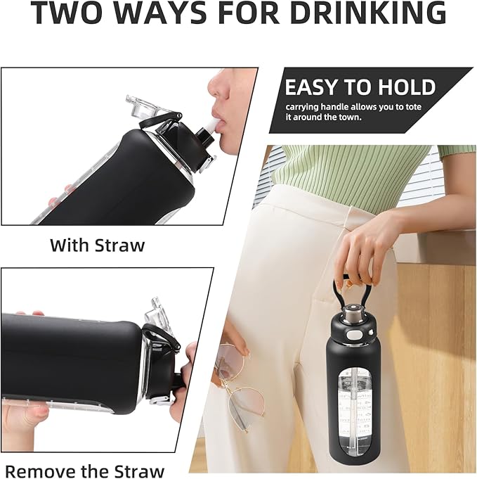 SIEROZUR 32 Glass Water Bottle with Straw and Handle Motivational Water Bottles with Silicone Sleeve and Time Marker Leakproof Borosilicate Water Bottle for Gym Home Office