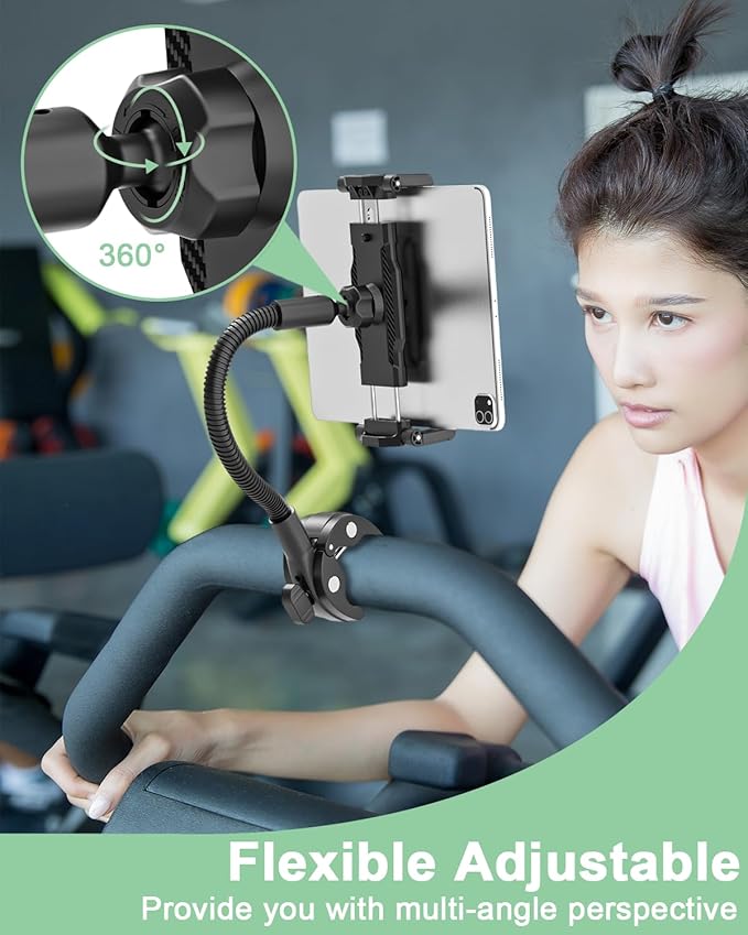 Gooseneck Handlebar Tablet Holder for Bicycle/Treadmill/Stroller, Wheelchair Tablet Mount with Flexible Arm for iPad Pro/Air/Mini, Galaxy, 6.1-15.6" Devices and Thickness Cases [Up to 1.18"]