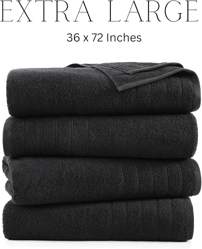Casa Platino Bath Sheet Towel Set, 4 Pack Bath Sheet(36"x 72"), 100% Ring Spun Cotton Bath Sheets, Lightweight Black Bath Sheet, Highly Absorbent Black Towels, Quick Drying Towels Set, Soft Towel