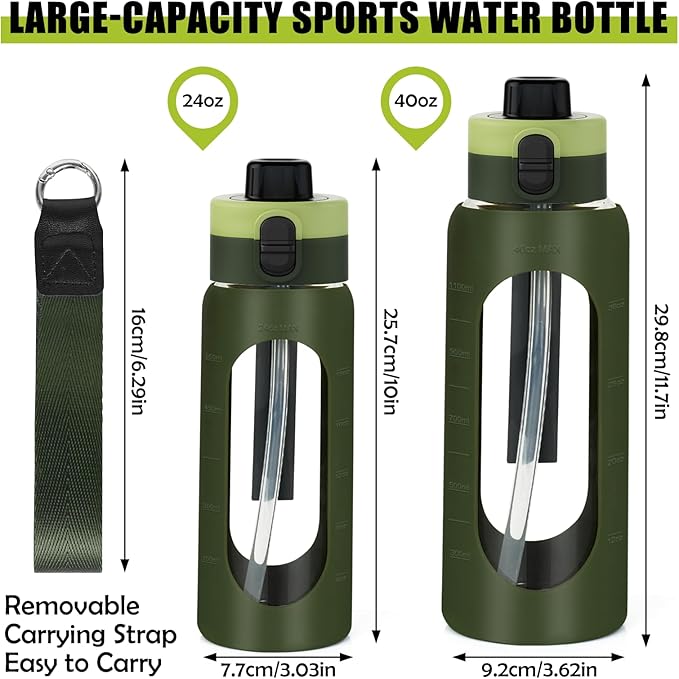 ANOTION 24OZ Glass Water Bottle, Large Sports Water Bottle with Dual-Drink Lid Clear Leakproof Glass Bottles with Straw, Motivational Jug with Silicone Sleeve and Time Marker for Travel Gym-Green
