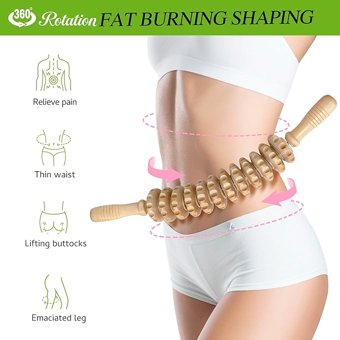 Wooden Curved Handheld Roller Stick Massager - 12 Rollers Wood Therapy Tool for Trigger Point, Fascia & Cellulite Reduction, Lymphatic Drainage, Muscle Tension Relief & Body Shaping (Wood)