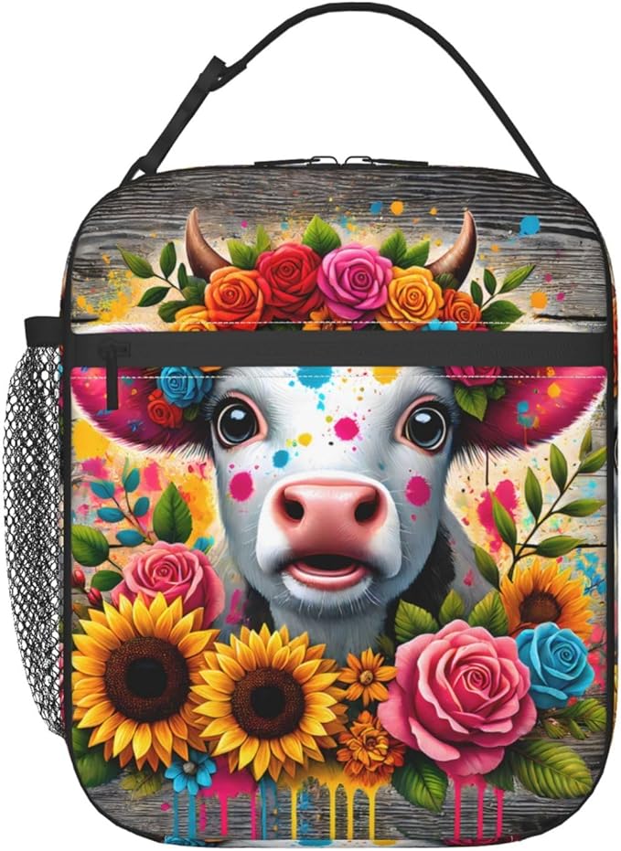 Cow Polyester Lunch Box for Kids Teen,Cute Reusable Thermal Lunch Bag for Adult Women,Farmhouse Insulated Tote Cooler Bags for School,Work,Picnic,Travel,Bright and Cheerful Farm Theme