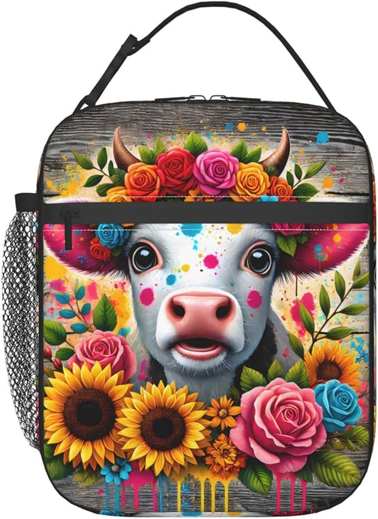 Cow Polyester Lunch Box for Kids Teen,Cute Reusable Thermal Lunch Bag for Adult Women,Farmhouse Insulated Tote Cooler Bags for School,Work,Picnic,Travel,Bright and Cheerful Farm Theme