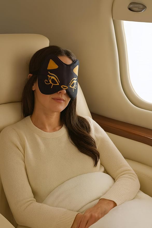 Silk Sleep Mask Blindfold Eye Mask for Sleep Cute Cat Print Embroidered Eye Cover Adjustable Oversized Egyptian Bastet with Gift Box&Pouch（Midnight Bastet-Elastic Strap）