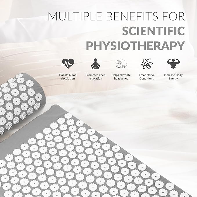 Fitvids Acupressure Mat and Pillow Set for Back/Neck Pain, Acupuncture Products to Relieve Muscle Fatigue, Improve Insomnia for Sedentary People, Acupuncture Eases Stress, Massage Mat, Grey
