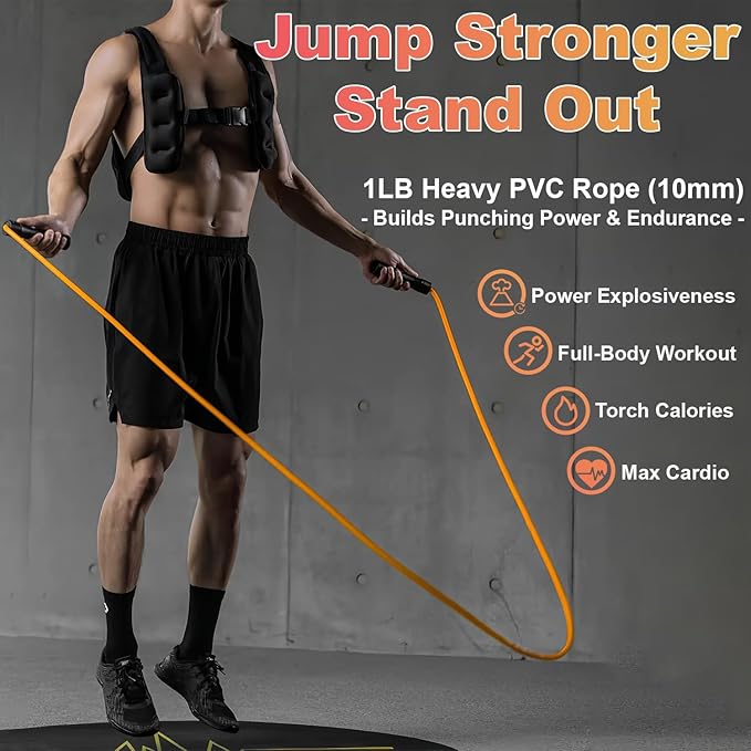 Weighted Jump Rope, 1LB Tangle-Free Ball Bearing Rapid Speed Skipping Rope for Men Women, Adjustable 9mm Cotton & PVC Rope with Alum Handle for Boxing MMA Weight-Loss Athletic Workout Fitness