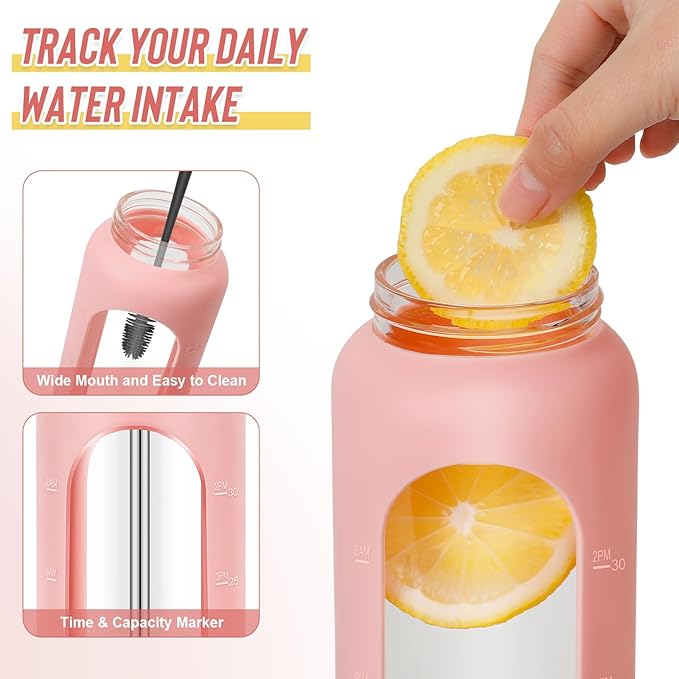 32 oz Glass Water Bottles - 1 Liter Motivational Tumbler Water Bottle Time Marker - Borosilicate Glass Water Bottle With Silicone Sleeve and 2 Lids, Handle Spout & Bamboo Straw Lid