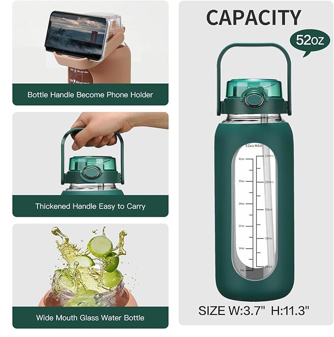 42oz/52oz/64oz Glass Water Bolttles with Straw Half Gallon Large Motivational Water Bottle with Time Marker Sports Water Bottles with Silicone Sleeve and Handle Lid Water Jug for Gym Workout