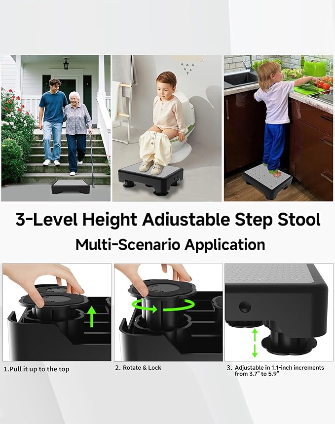 Adjustable Step Stool for Adults, Noctilucent Bed Step Stools, 600 LBS Capacity Non-Slip Safety Step Platform Indoor and Outdoor for Seniors and Kids, Wide Step Stools Elderly Assistance at Night