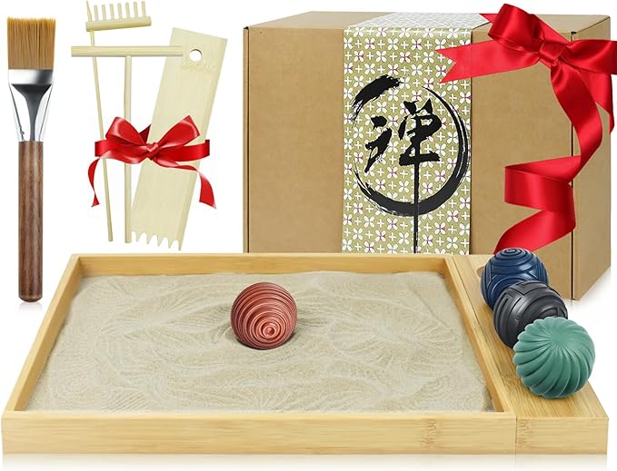 Artcome Jpanese Zen Garden Kit for Desk - Premium Mini Sand Garden with Bamboo Tray - Meditation Sand Tray with 4 Zen Balls and Rake Tools for Relaxation - Mindfulness Therapy Decor - Ideal for Gift
