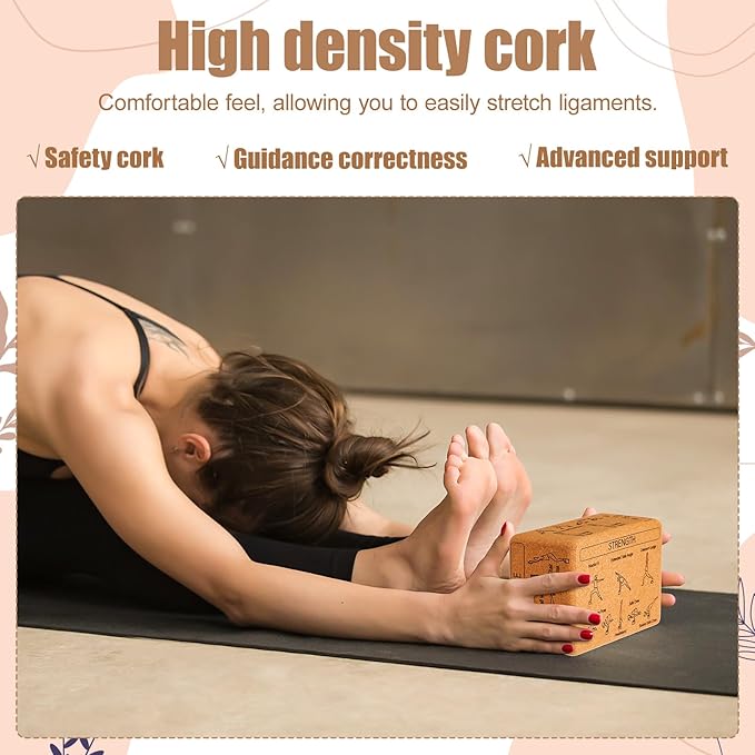 Cork Yoga Blocks 2 Pack Yoga Poses Teaching Cork Blocks, Suitable Poses for Beginners and Experts High Density Block with Non Slip Surface for Better Support, Balance Comfort (Beige)