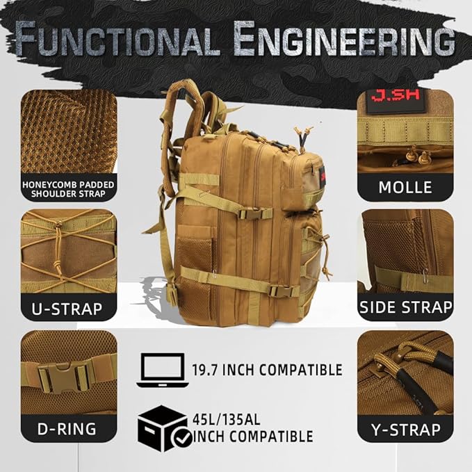 J.SH 45L Large Capacity 3-Day Tactical Backpack, Waterproof & Tear-Resistant, MOLLE System, Adjustable Straps (chest strap and waist strap), Hiking Backpack for Men & Women - Khaki