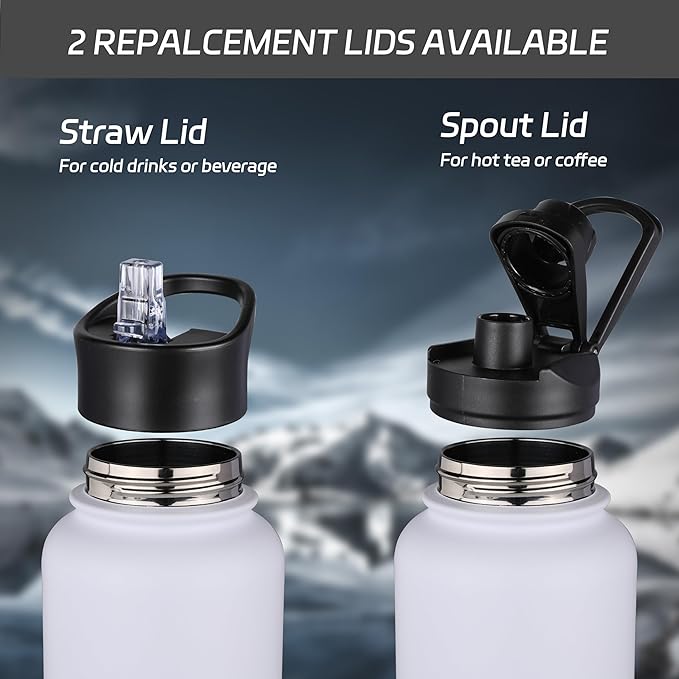 HASLE OUTFITTERS 32 oz Insulated Water Bottle Stainless Steel Double Walled Vacuum Sports Water Bottle with 2 Lids (Straw and Spout Lid) for Gym Camping Hiking(White,4)