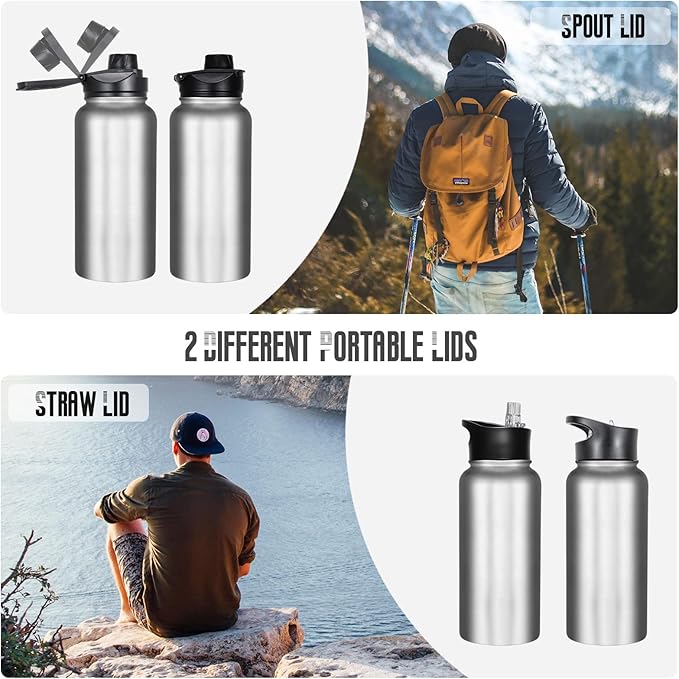 32 Oz Stainless Steel Insulated Water Bottle (4 pk), Leak Proof, Wide Mouth Lids, Double Walled Vacuum, BPA Free, Sport Bottles for Gym, Travel, Running, Hiking