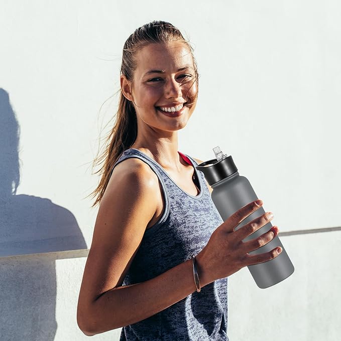 40 oz Insulated Water Bottle with Straw, Stainless Steel Sports Water Bottles with 2 Lids (Straw and Wide Mouth lid), Double Wall Vacuum, Leakproof, BPA-Free, Gray