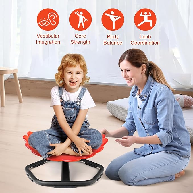 Flower Swivel Chair for Kids, 360° Spinning Seat, Autism Sensory Spin Chair, Toddler Sit and Spin Wobble Seat, ADHD Toy Chairs, Play Equipment Relief Motion Sickness for Boys Girls (Red)