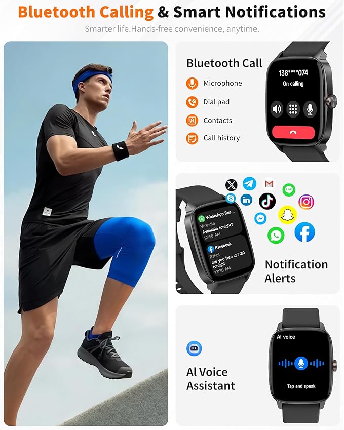 Smart Watch for Men Women Bluetooth Call, 1.85" HD Touch Screen AI Voice Smartwatch, Fitness Tracker with Sleep/Heart Rate Monitor, IP68 Waterproof, 100+ Sports Modes for Android & iOS