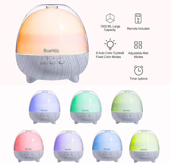 BlueHills Premium 1000 ML Large XL Essential Oil Diffuser with Remote Aroma Humidifier for Large Room Home Long Run Time Huge Coverage Area Lights High Mist Output Big Capacity White Wood Grain N1