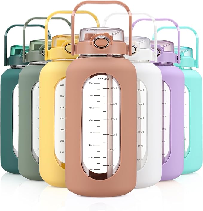 74 oz Glass Water Bolttles with Straw Large Motivational Water Bottle with Time Marker Sports Water Bottles with Silicone Sleeve and Handle Lid 2.2L Water Jug for Gym Workout