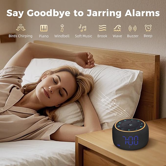 White Noise Machine Alarm Clock: Auto-Dimmable Clock for Bedrooms - 5W Stereo Bluetooth Speaker - Sound Machine with 24 Sleep Sounds for Adults Kids