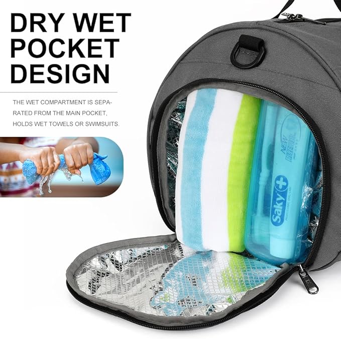 INOXTO Small Sports Gym Bag，Travel Duffel Bag with Dry Wet Pocket and Shoes Compartment for Women and Men，35L Waterproof Weekender Fitness bag For Swim Sports Travel Working Out (dark grey 2)