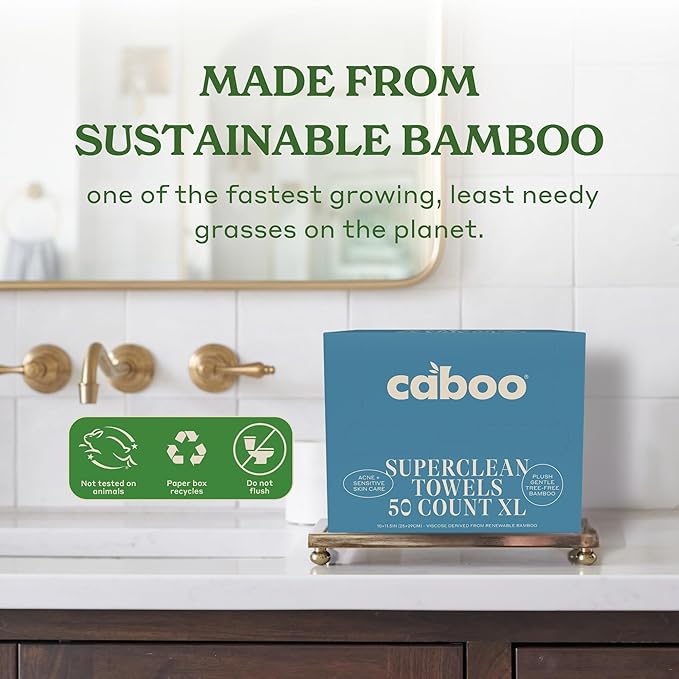 Caboo Bamboo Disposable Face Towels - 50 Count of Lint Free Single Use Face Towels - Soft, Biodegradable, & Extra Large (10 x 11.5 Inches) - Eco Friendly Alternative to Makeup Wipes & Wash Cloths
