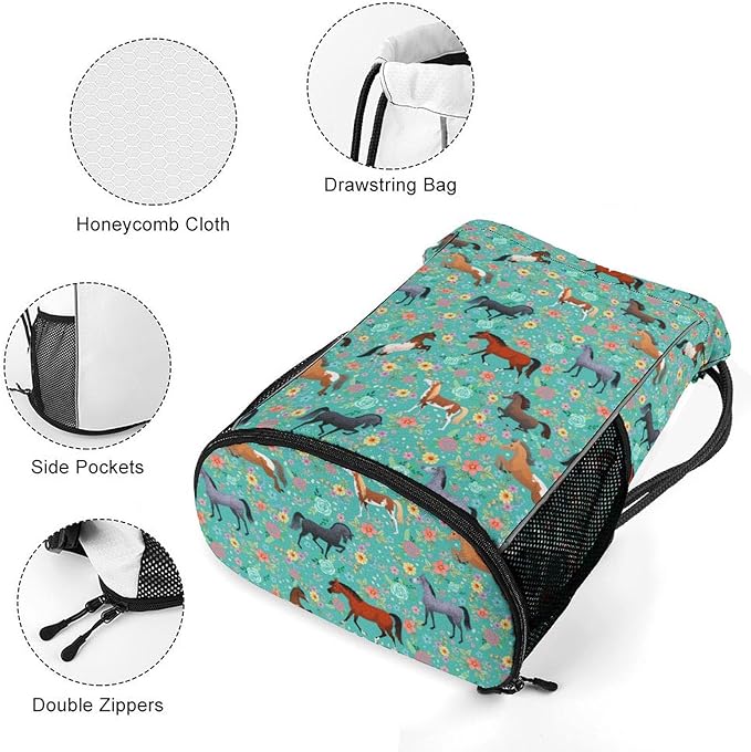 Horse Flower Drawstring Backpack Gym Bag With Shoe Compartment String Bag Sport Beach Swimming Sackpack For Women Men