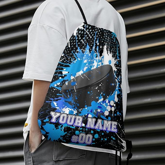 Custom Hockey Drawstring Backpack - Cool Cinch Sack, String Backpacks for Kids Women Men Boys Girls for Gym Outdoor Sports Travel Athletic Drawstring Bag - Lightweight/Foldable