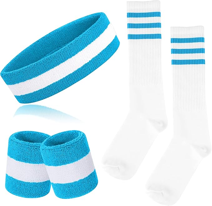 ONUPGO 5 Pieces Sweatbands Striped Socks Set Sports Headband Wristbands High Tube Socks 80s Accessories Costumes