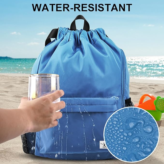 Drawstring Backpack with Mesh Pockets String Gym Bag Sackpack Sandproof Water Resistant Beach Backpack for Men Women