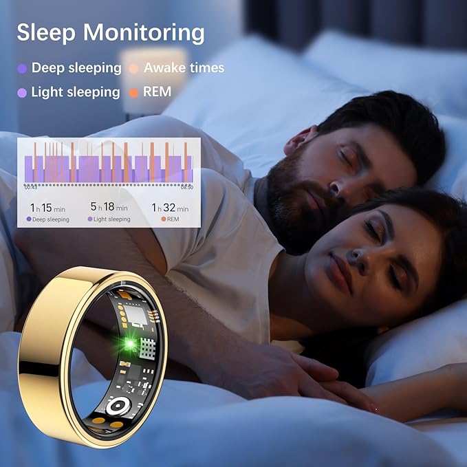 Smart Health Ring for Women Men, Fitness Tracker Ring with Heart Rate, Blood Oxygen, Sleep Tracker, Step Tracker, No Subscription Fee, IP68 Waterproof Smart Ring for iPhone & Android (Gold, 10#)